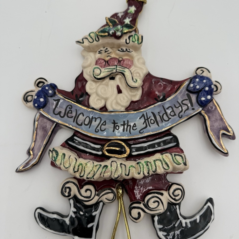 2001 Blue Sky Ceramic Santa Figurine Ornament Welcome To‎ The Holidays Bells EUC